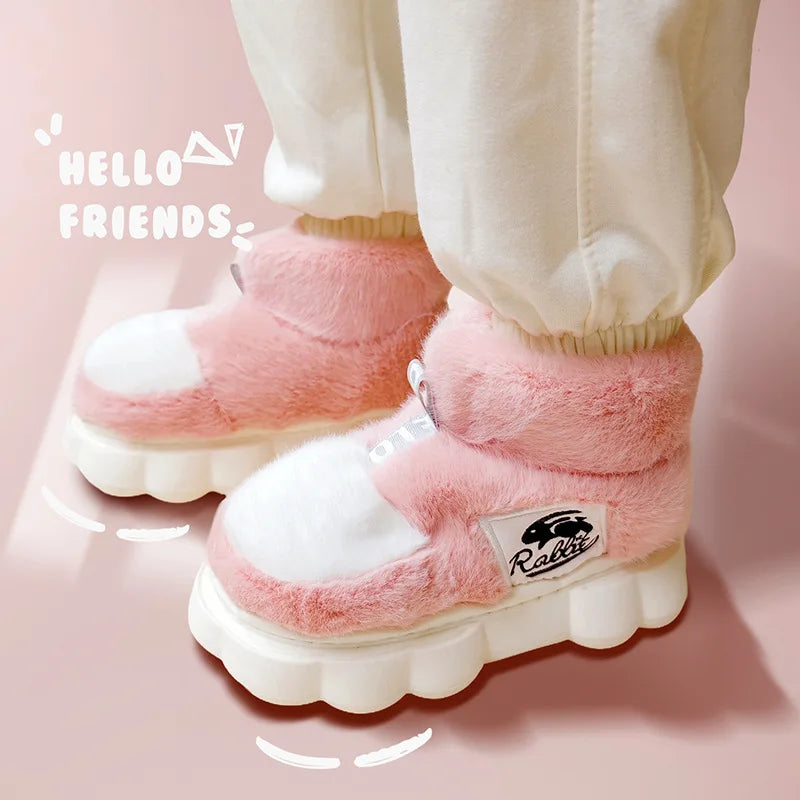 Winter Fluffy Women Warm Cotton Shoes Couples Winter Home Slippers Soft Plush Thick Sole Fluffy Footwear Female Male Indoor Street Snow Boots Nian Ci Store