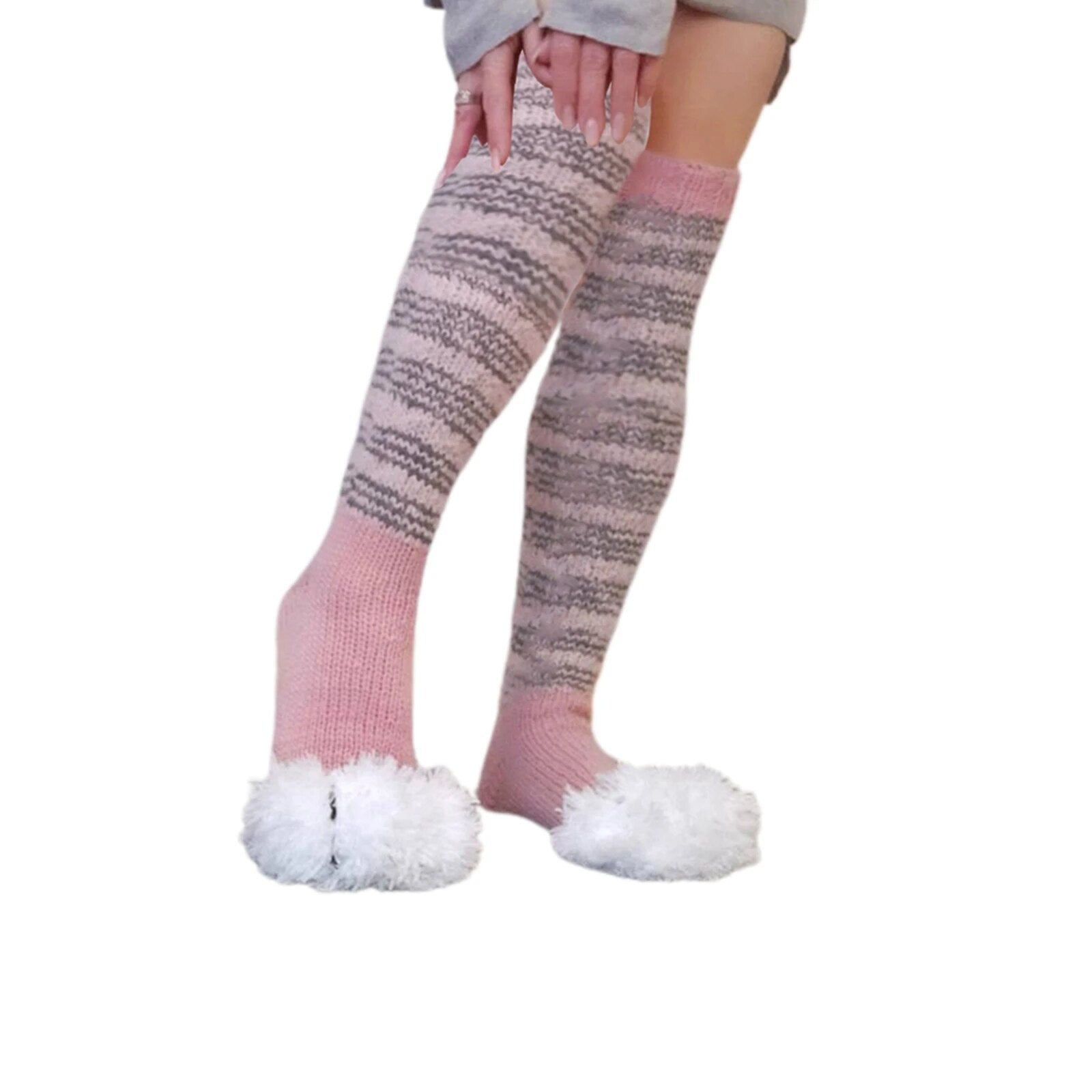 Cat Paw Sock Women Winter Knee High Socks Striped Patchwork Fleece Warm Boot Socks Leg Warmer High Socks for Girls Stocking ShopOnlyDeal