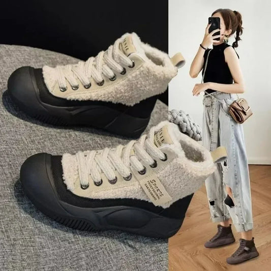 Winter Plush Boots Cool Women's Boots Winter Warm Lamb Wool High-top Vulcanized Shoes Round Toe Soft Sole Fashion Women's Shoes Comfortable Work Shoes ShopOnlyDeal