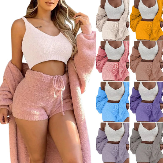 Women's Comfortable Knit Pajama Set Crop-top with V-neck Winter Plush Loungewear Casual 3-Piece Set Long Sleeve Shorts Sports ShopOnlyDeal