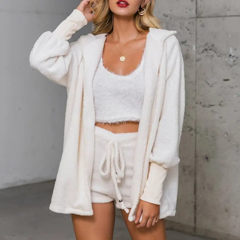 Women's Comfortable Knit Pajama Set Crop-top with V-neck Winter Plush Loungewear Casual 3-Piece Set Long Sleeve Shorts Sports ShopOnlyDeal
