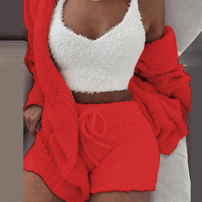 Women's Comfortable Knit Pajama Set Crop-top with V-neck Winter Plush Loungewear Casual 3-Piece Set Long Sleeve Shorts Sports ShopOnlyDeal