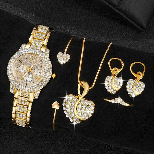 Women's Quartz Watch Gold Luxury Women Ring Necklace Earring Rhinestone Fashion Wristwatch Casual Ladies Watches Jewelry Set ShopOnlyDeal