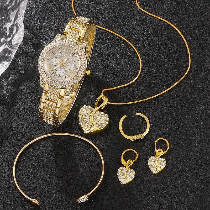 Gold Luxury Women's Quartz Watch Set - Rhinestone Jewelry Ensemble for Fashionable Elegance ShopOnlyDeal