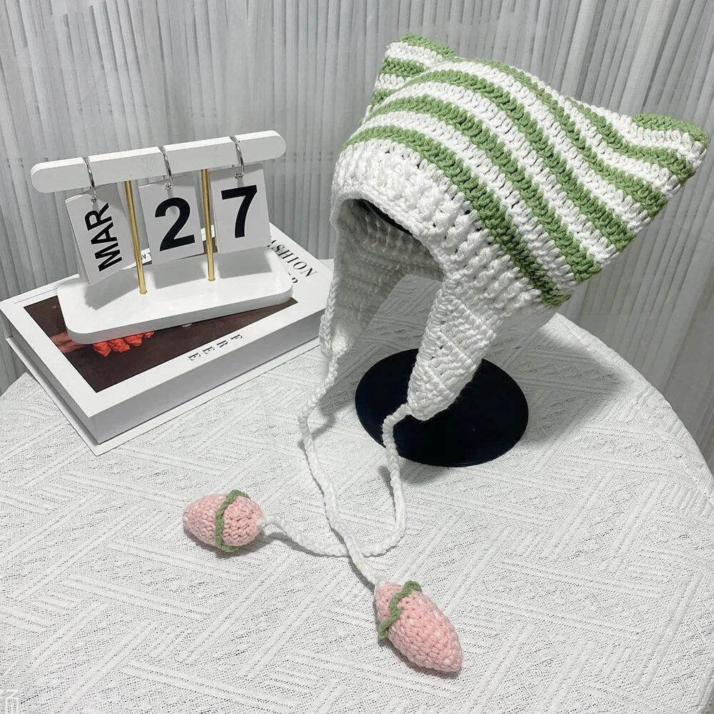 Y2K Striped Beanie with Cat Ear Women Contrast Cute Devil Horns Hat Girls Handmade Crochet Winter Warm Ski Beanie Cap For Gift ShopOnlyDeal