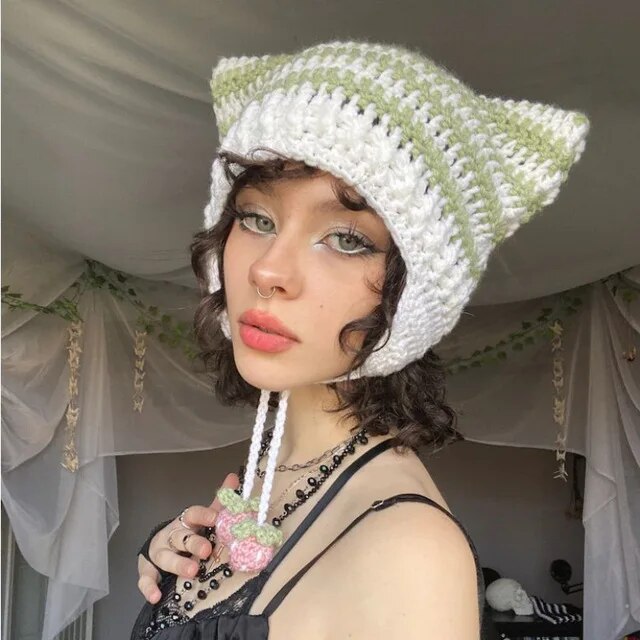 Y2K Striped Beanie with Cat Ear Women Contrast Cute Devil Horns Hat Girls Handmade Crochet Winter Warm Ski Beanie Cap For Gift ShopOnlyDeal