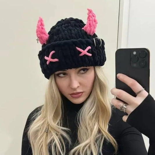 Evil Y2k Horn Ears Woolen Hat Women Cute Little Demon Mask Beanies Girls Devil's Ears Cowhorn Headcover Thickened Warm Knitted Hat ShopOnlyDeal