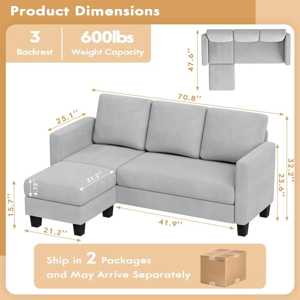 Convertible Sectional Small Sofa L-Shaped Couch Seat with Modern Linen Fabric for Living Room Apartment 70" ShopOnlyDeal