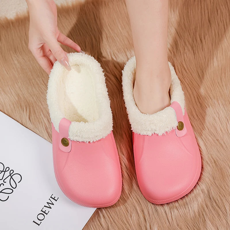 Warm Slippers Men Women Waterproof EVA Warm Furry Wrapped Slippers Indoor Home Cotton Shoes Fur Slides Plush Winter Slippers ShopOnlyDeal