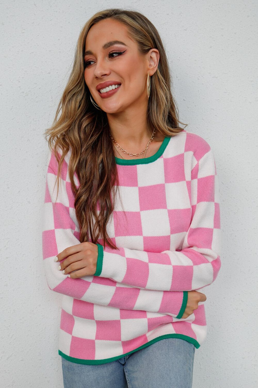 Checkered Round Neck Sweater Trendsi