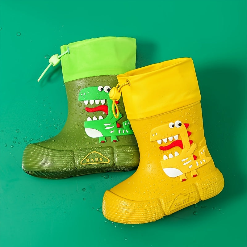 Boys Girls Eva Drawstring Rain Boots, Cartoon Dinosaur Pig Design Waterproof Soft Sole Anti Slip High Top Shoes For Rainy Weather ShopOnlyDeal