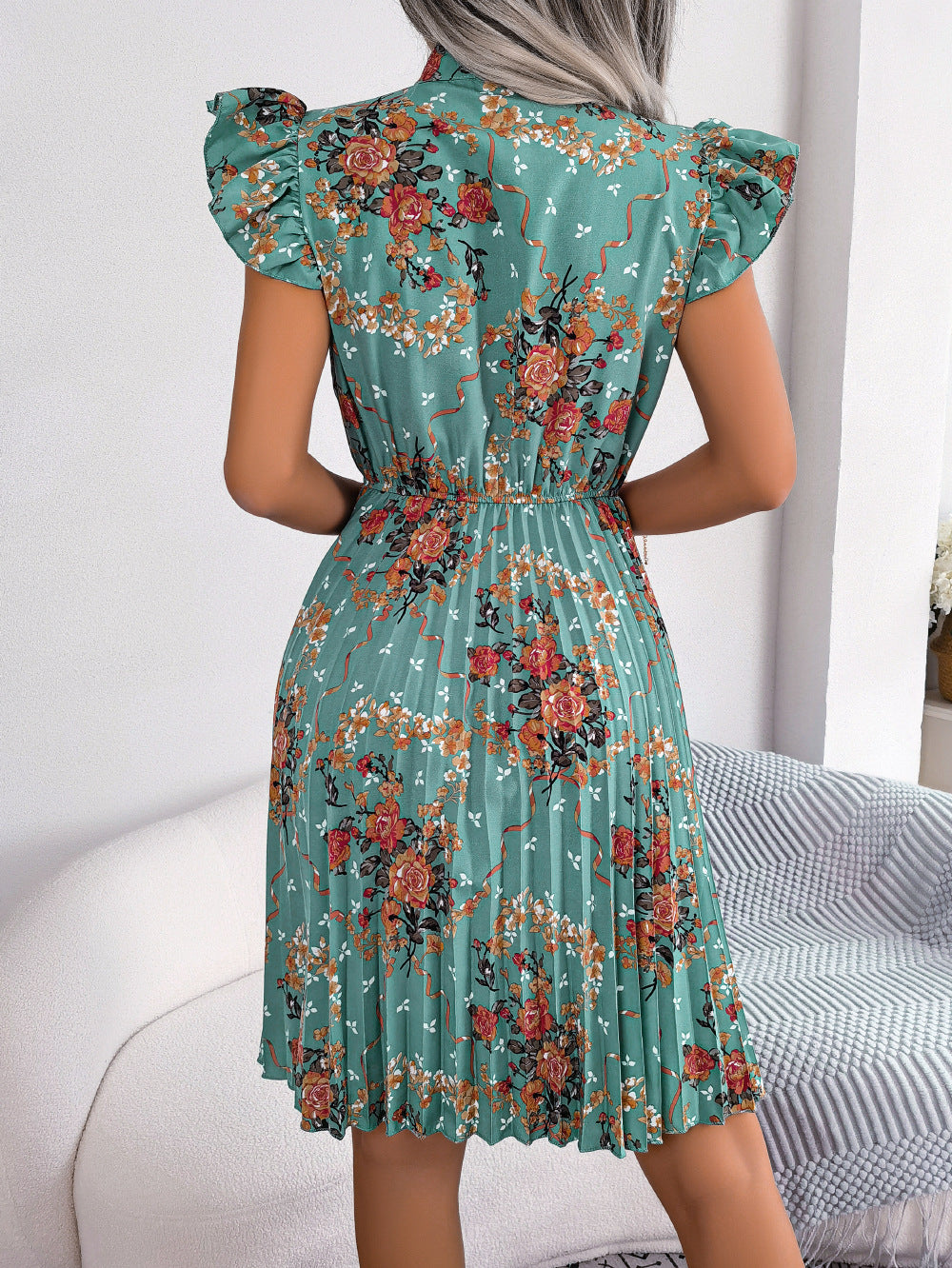 Pleated Floral Printed Tie Neck Knee Length Dress Trendsi