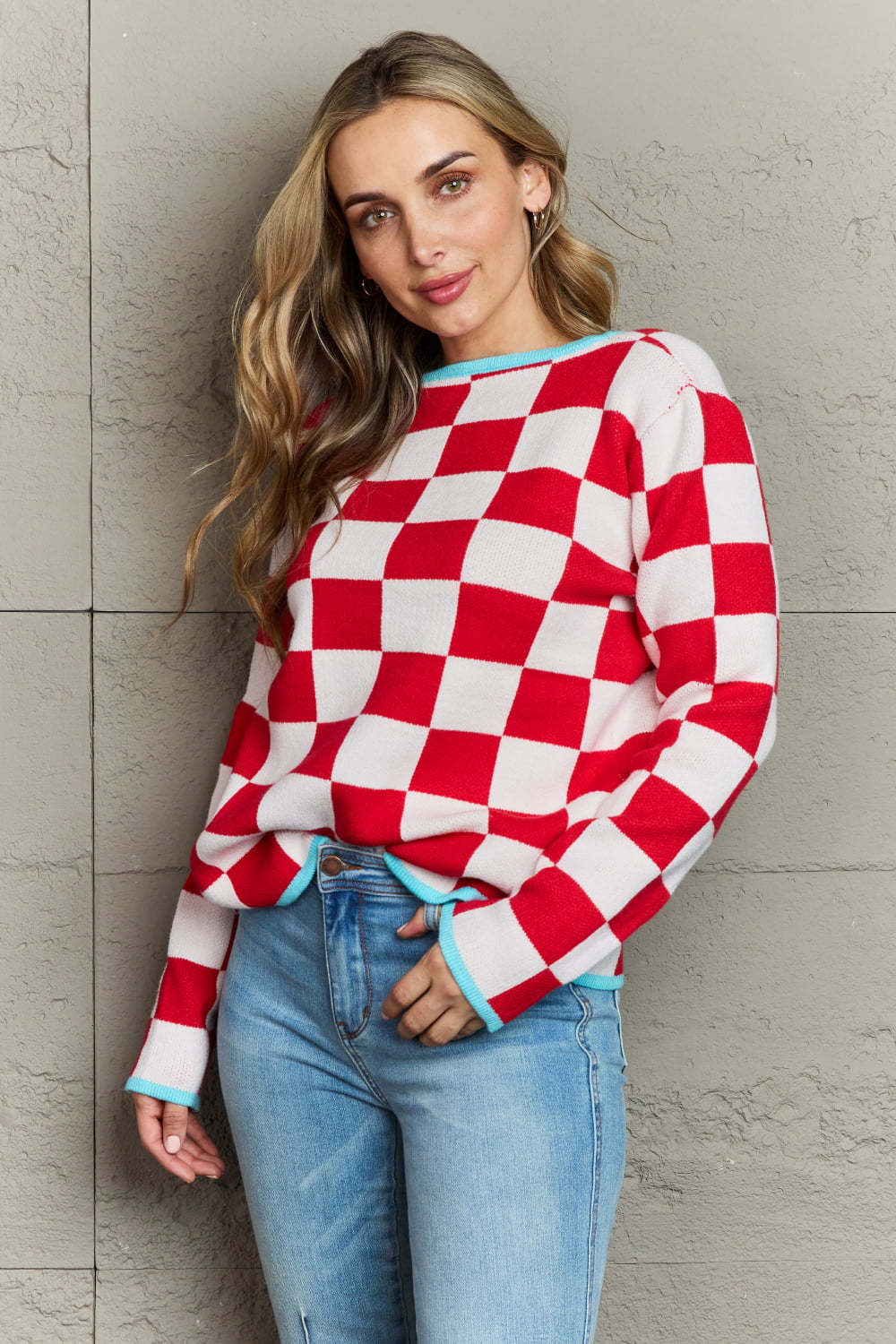 Checkered Round Neck Sweater Trendsi