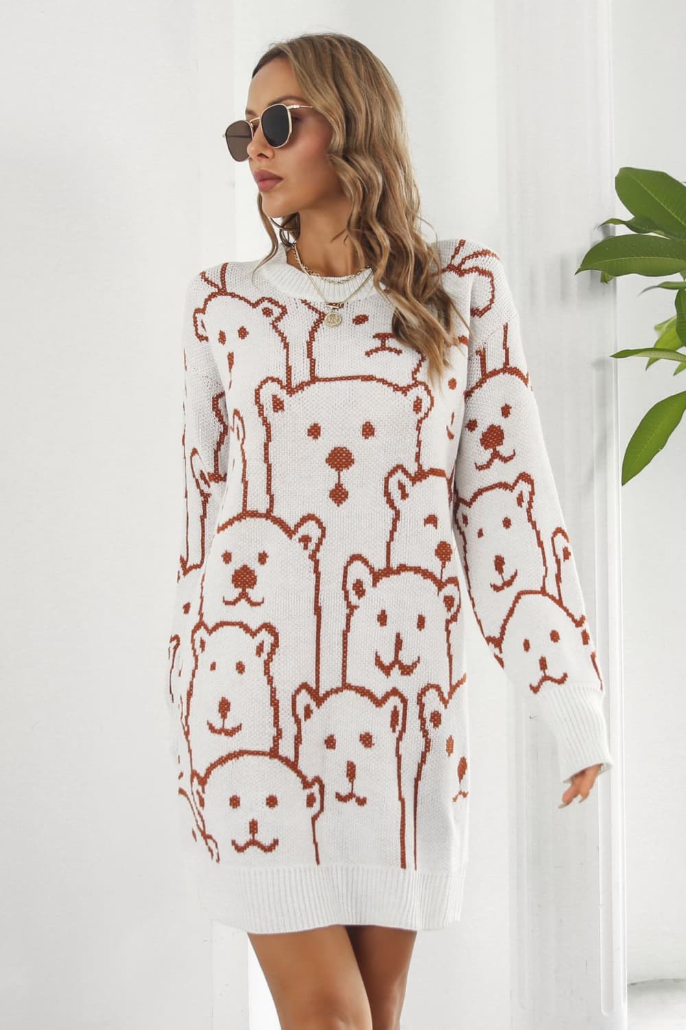 Bear Pattern Round Neck Sweater Dress Trendsi