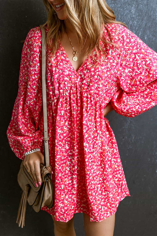 V-Neck Floral Print Long Sleeve Mini Dress Trendsi