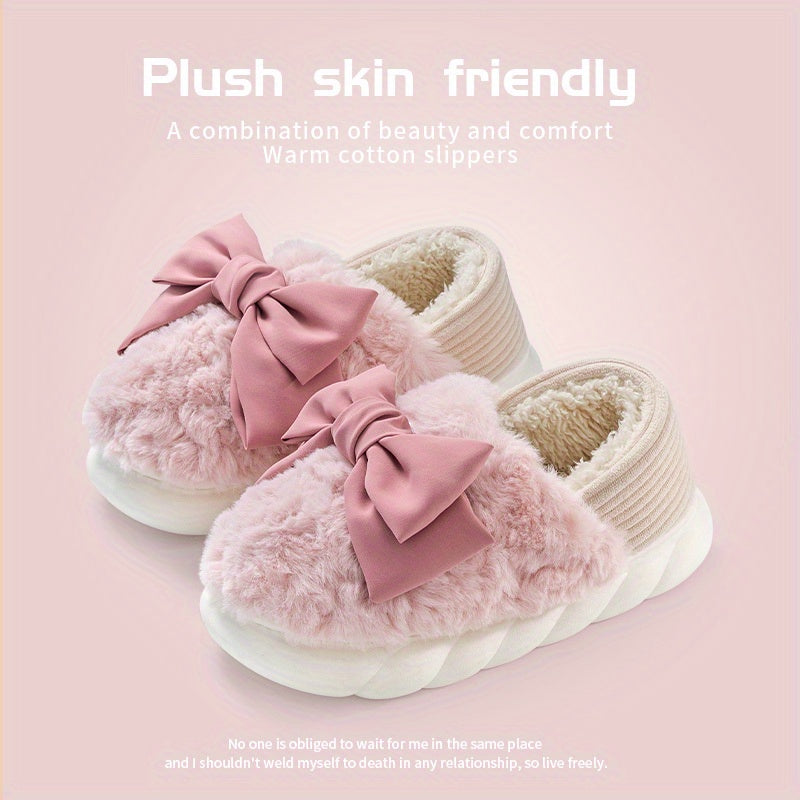 Cute Bowknot Warm Slippers Plush Cloud, Cozy Slip On Platform Fuzzy Shoes, Winter Warm Home Slippers - Temu ShopOnlyDeal