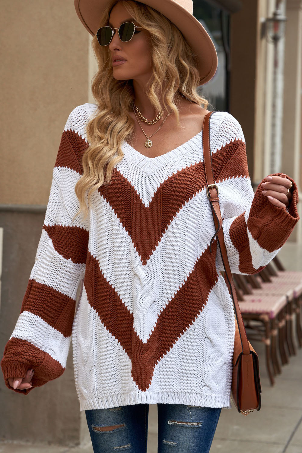 Woven Right Chevron Cable-Knit V-Neck Tunic Sweater ShopOnlyDeal