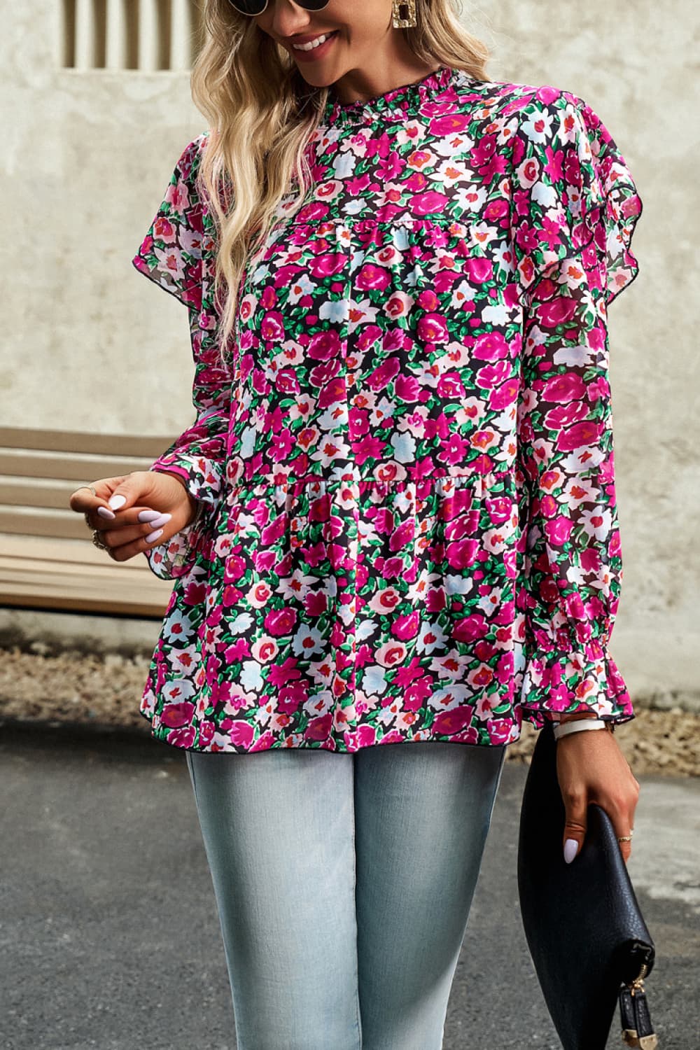 Printed Round Neck Flounce Sleeve Blouse Trendsi