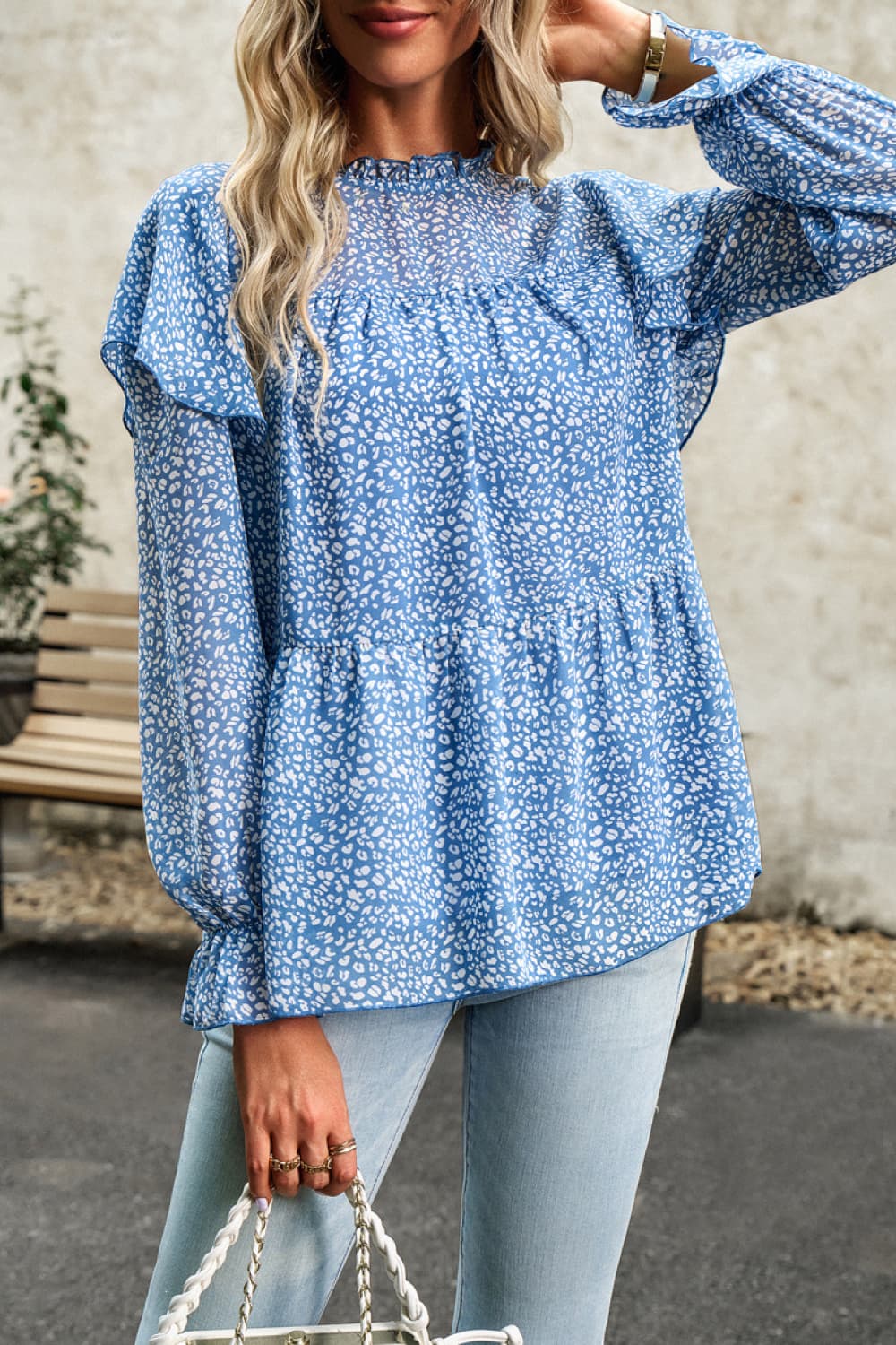 Printed Round Neck Flounce Sleeve Blouse Trendsi