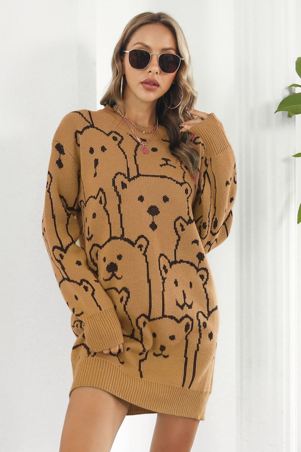 Bear Pattern Round Neck Sweater Dress Trendsi