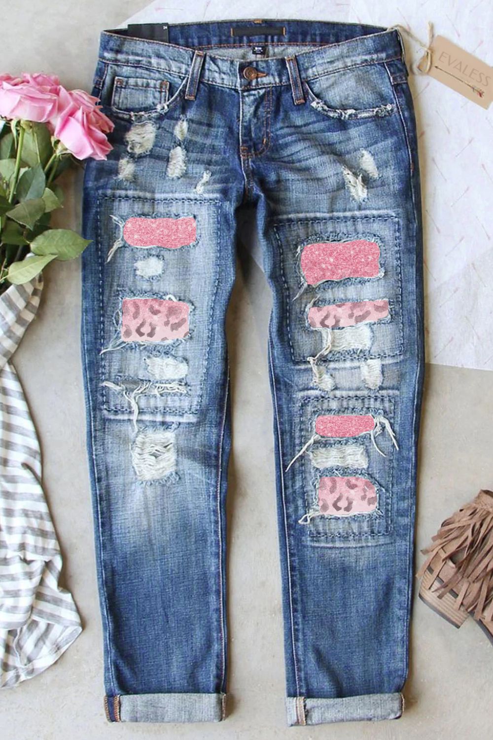 Leopard Patch Distressed Straight Leg Jeans ShopOnlyDeal