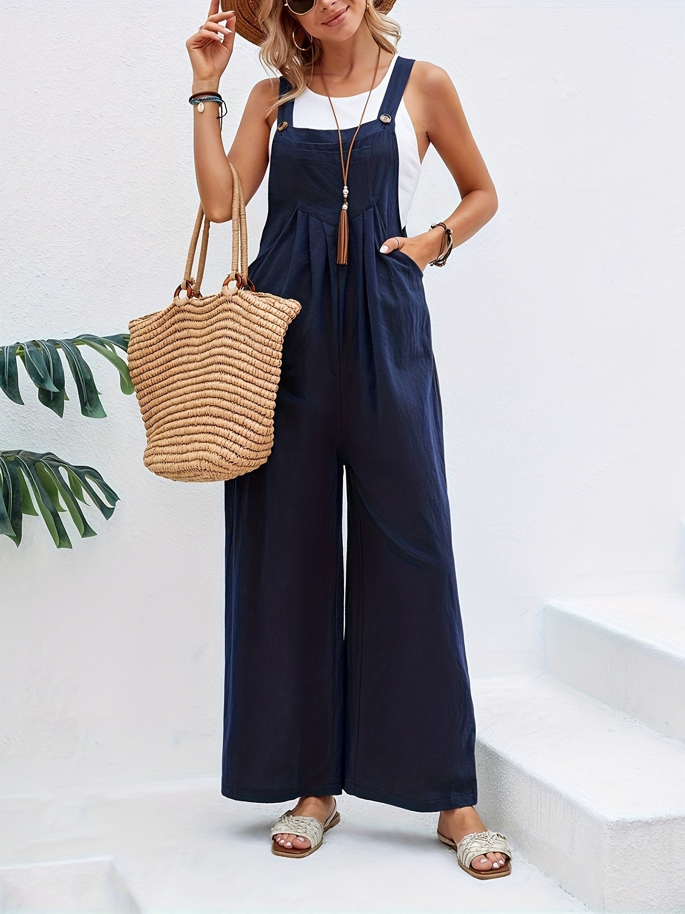 Boho Solid Sleeveless Long Length Jumpsuit, Casual Baggy Jumpsuit With Pockets, Women's Clothing - Temu ShopOnlyDeal