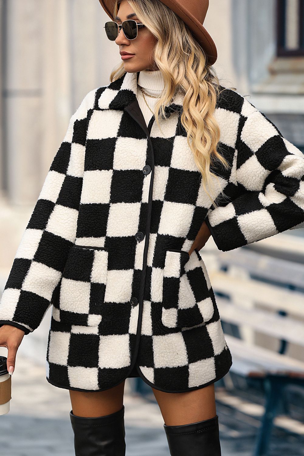 Plaid Buttoned Collared Neck Faux Fur Outwear Trendsi