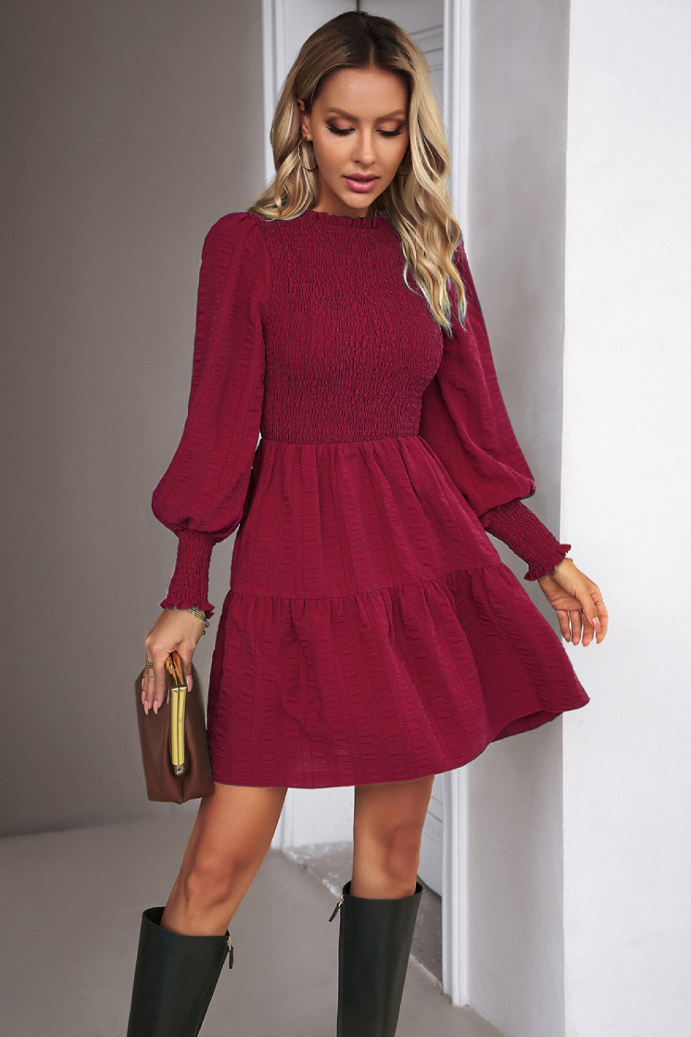 Smocked Lantern Sleeve Mini Dress Trendsi