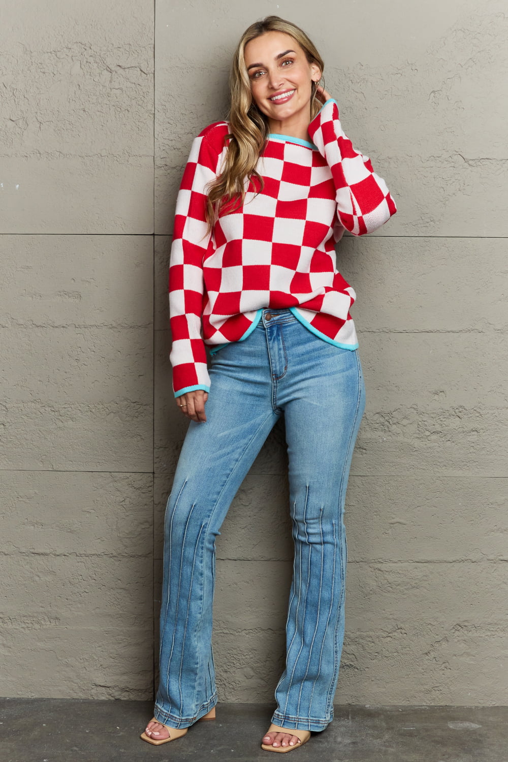 Checkered Round Neck Sweater Trendsi