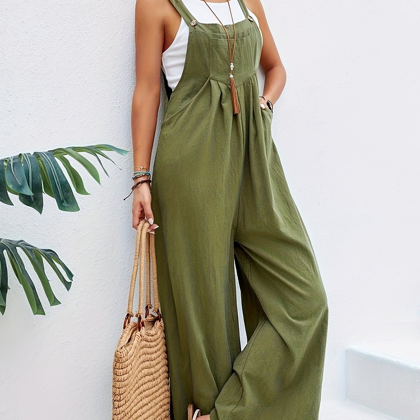 Boho Solid Sleeveless Long Length Jumpsuit, Casual Baggy Jumpsuit With Pockets, Women's Clothing - Temu ShopOnlyDeal