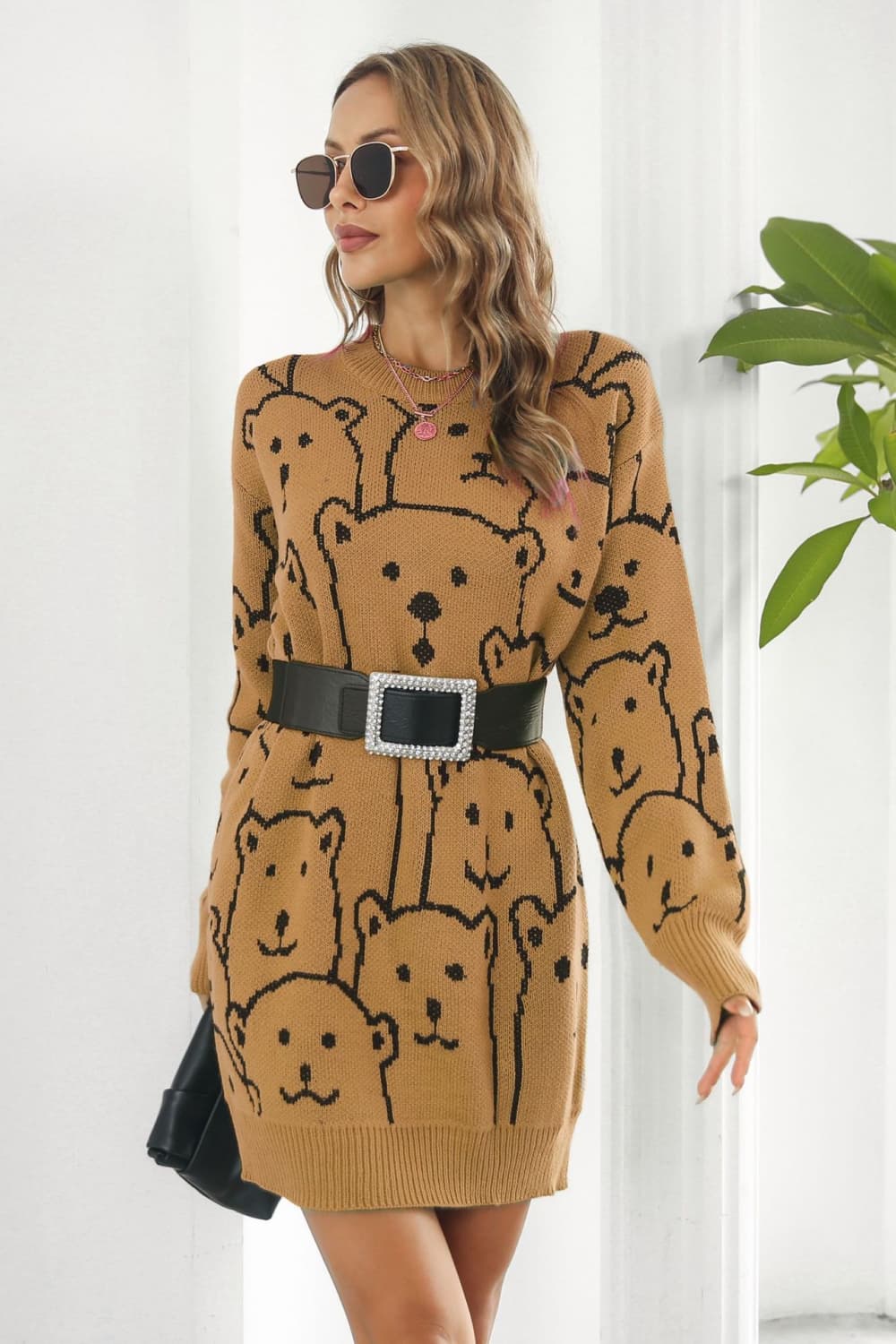 Bear Pattern Round Neck Sweater Dress Trendsi