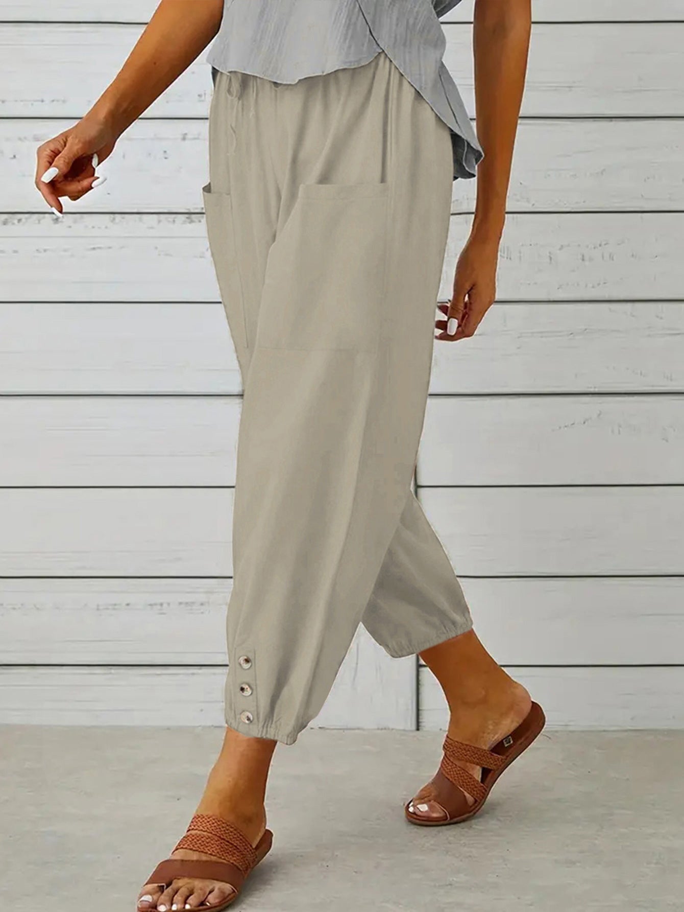 Buttoned Beauty: Stylish Decorative Cropped Pants for a Chic Look ShopOnlyDeal