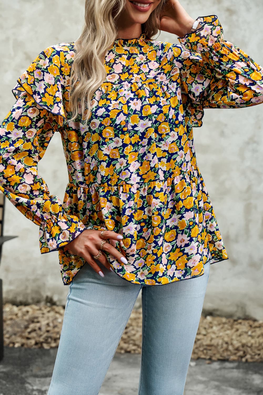 Printed Round Neck Flounce Sleeve Blouse Trendsi