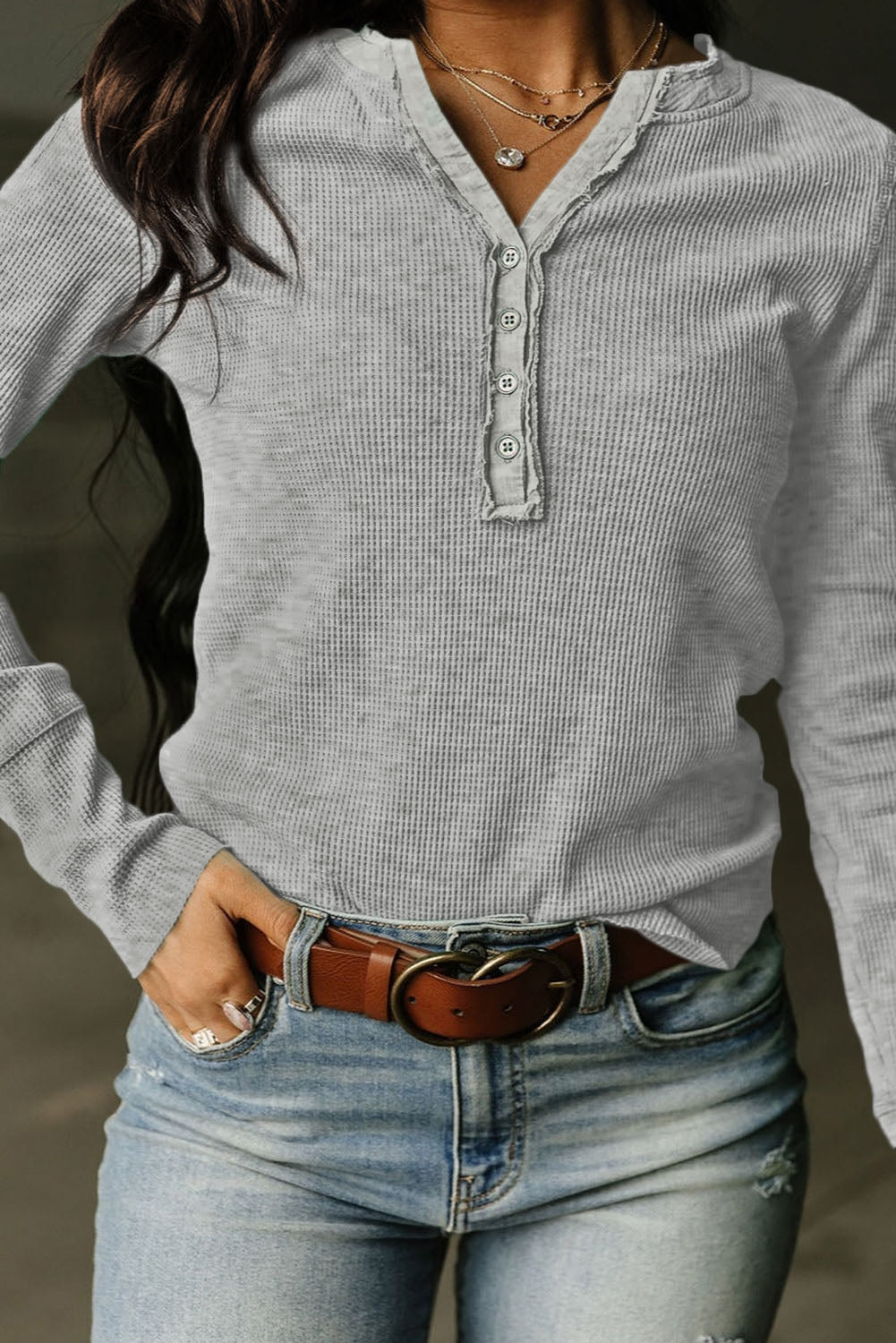 Buttoned Notched Neck Long Sleeve T-Shirt 🌟 Trendy Fashion Essential for Effortless Style and Comfort 🌼 Casual Chic Wardrobe Staple for Women's Clothing 🌈 Versatile and Stylish Apparel for Everyday Wear ShopOnlyDeal