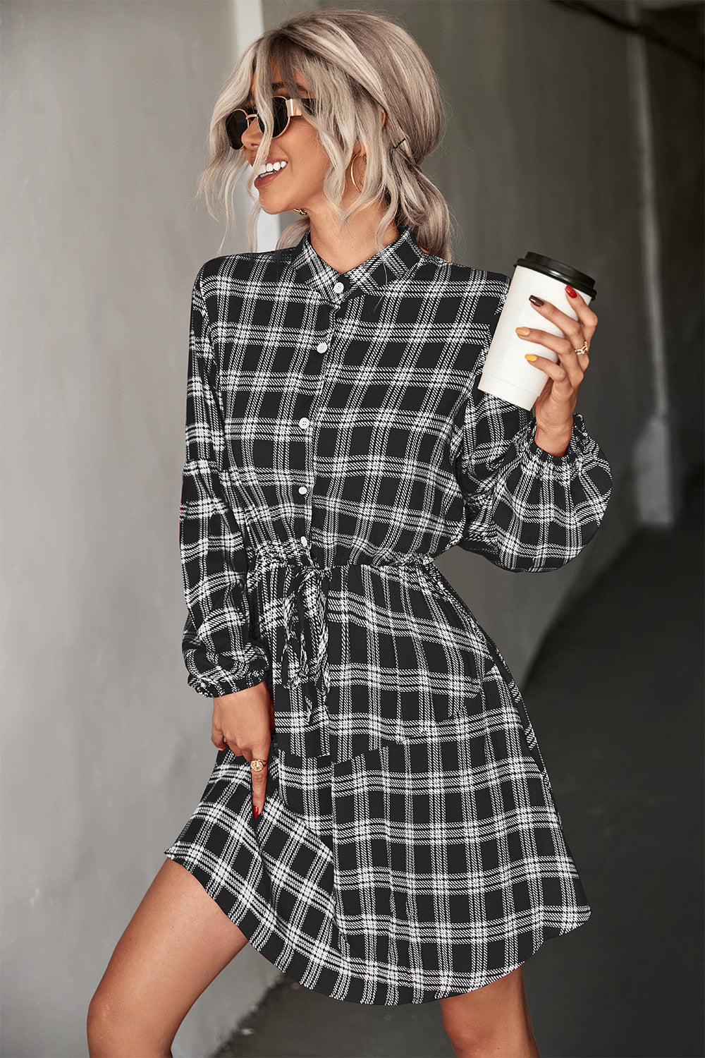 Plaid Band Collar Drawstring Shirt Dress Trendsi