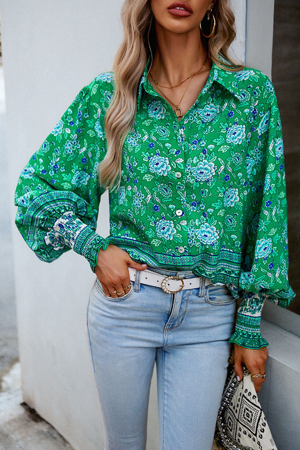 Printed Collared Neck Smocked Lantern Sleeve Shirt Trendsi