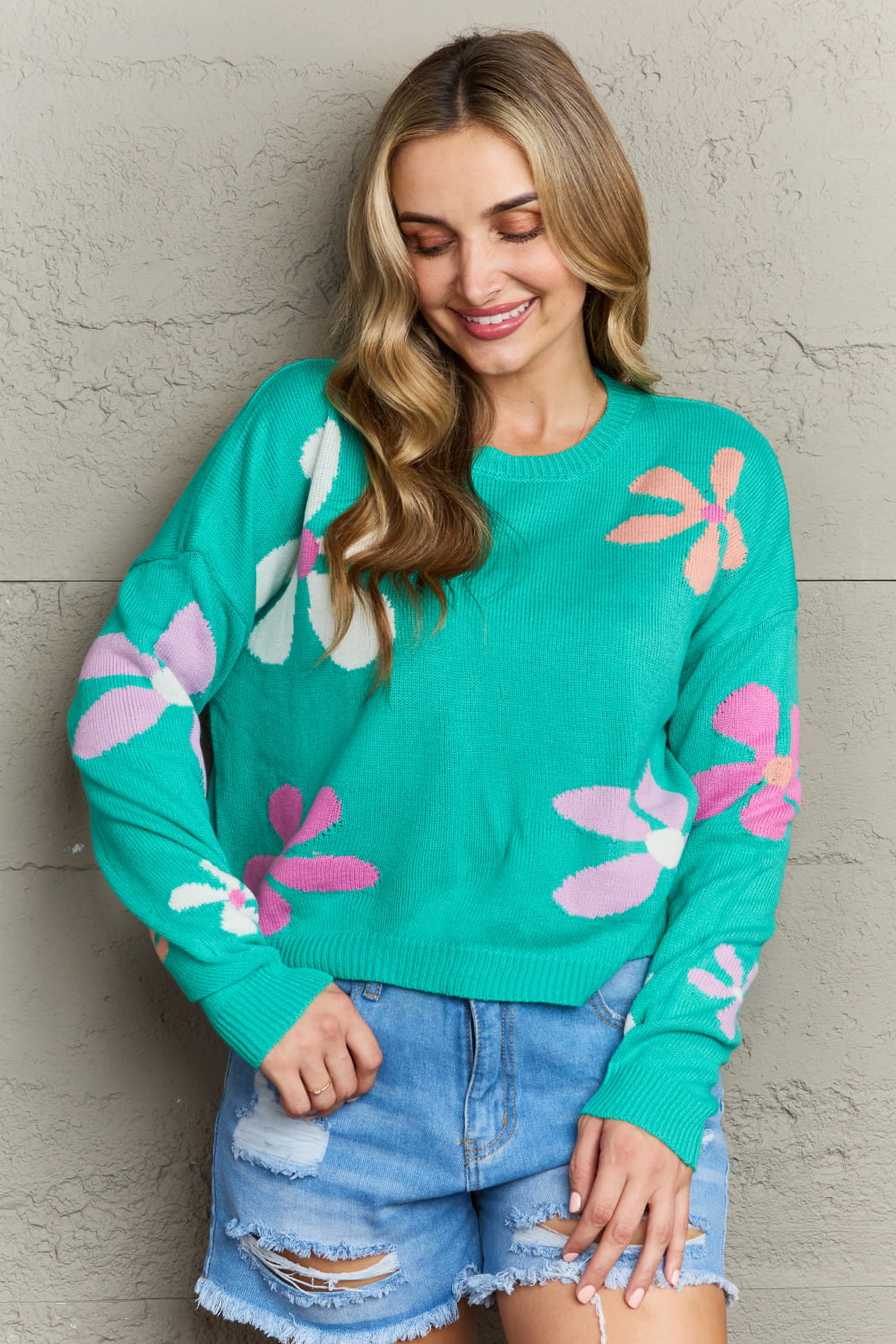 Floral Dropped Shoulder Ribbed Trim Sweater Trendsi