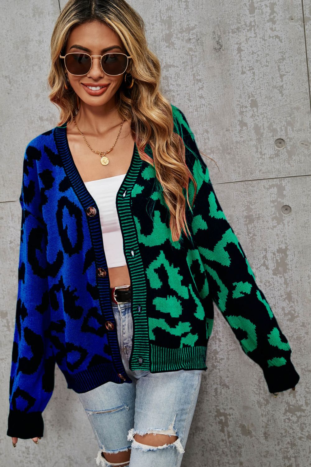 Leopard Button Front Ribbed Trim Cardigan Trendsi