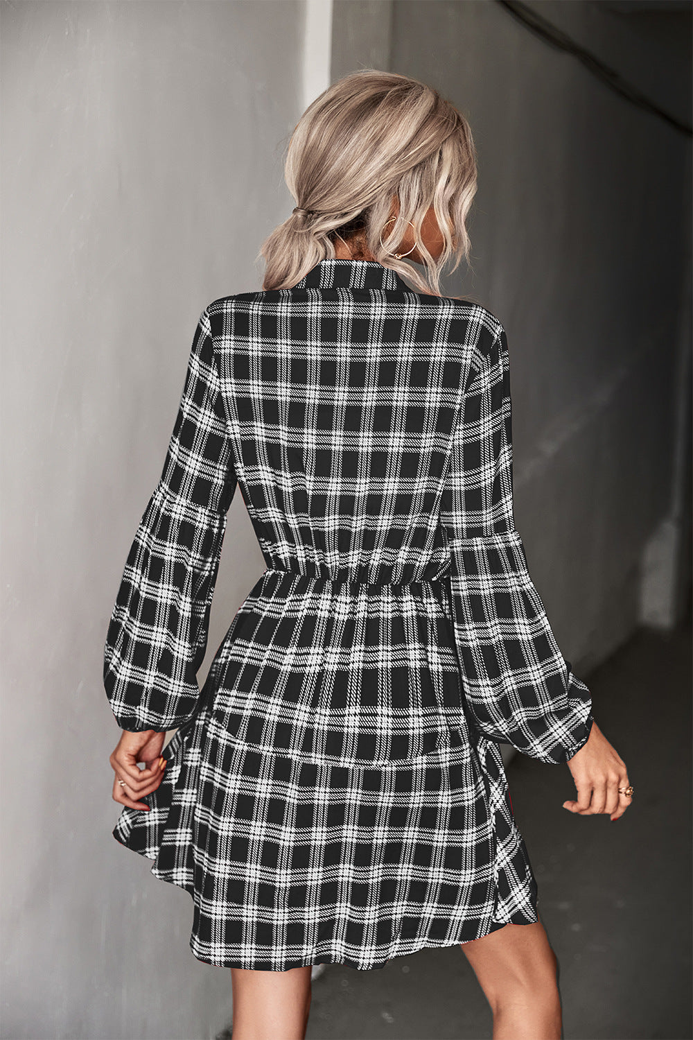 Plaid Band Collar Drawstring Shirt Dress Trendsi