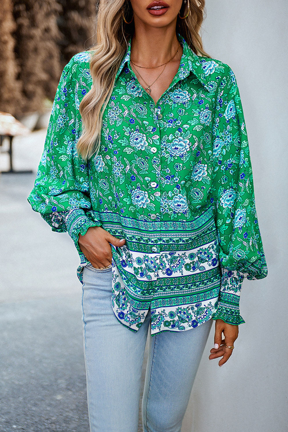 Printed Collared Neck Smocked Lantern Sleeve Shirt Trendsi