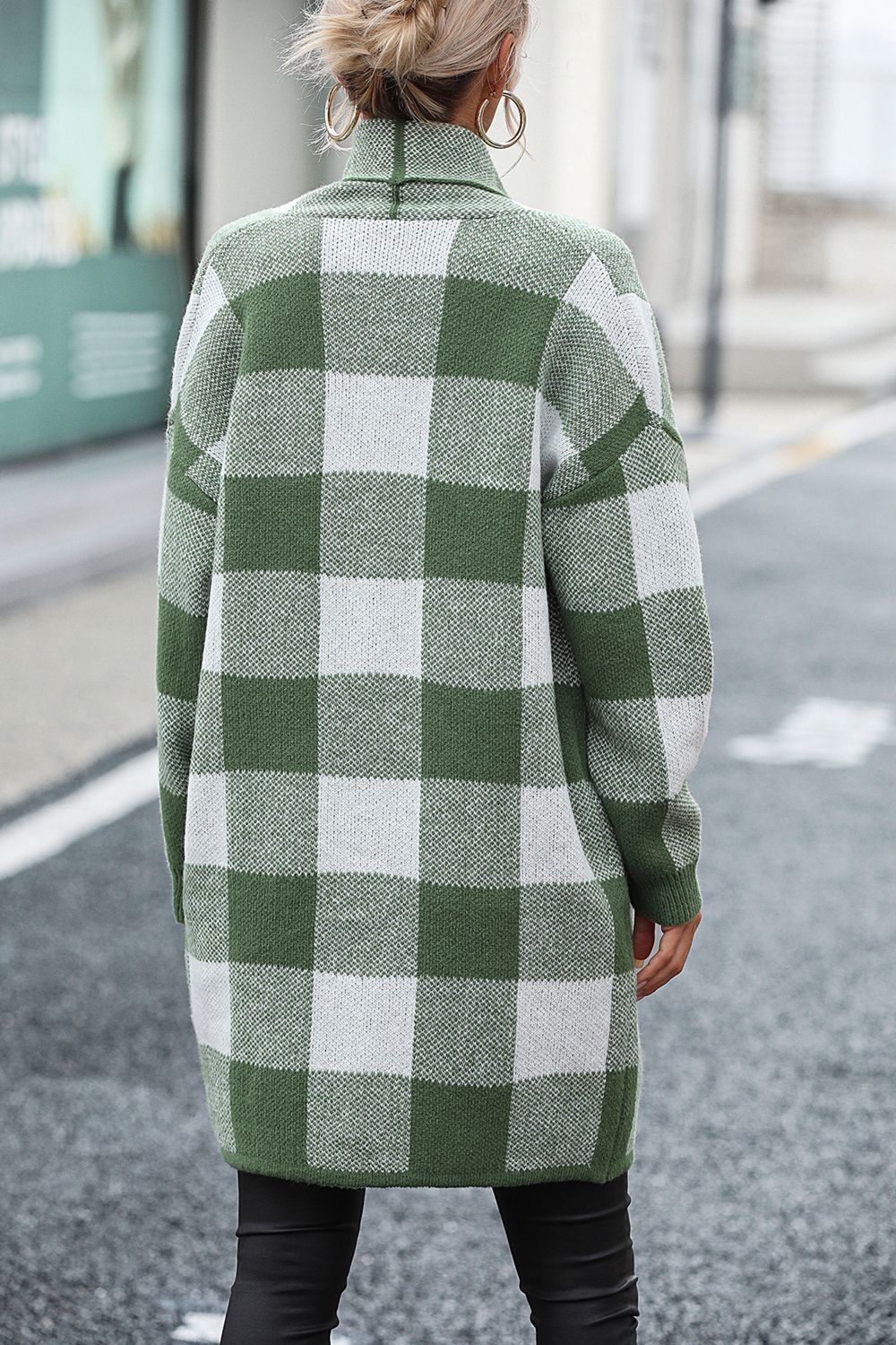 Plaid Dropped Shoulder Cardigan with Pocket Trendsi