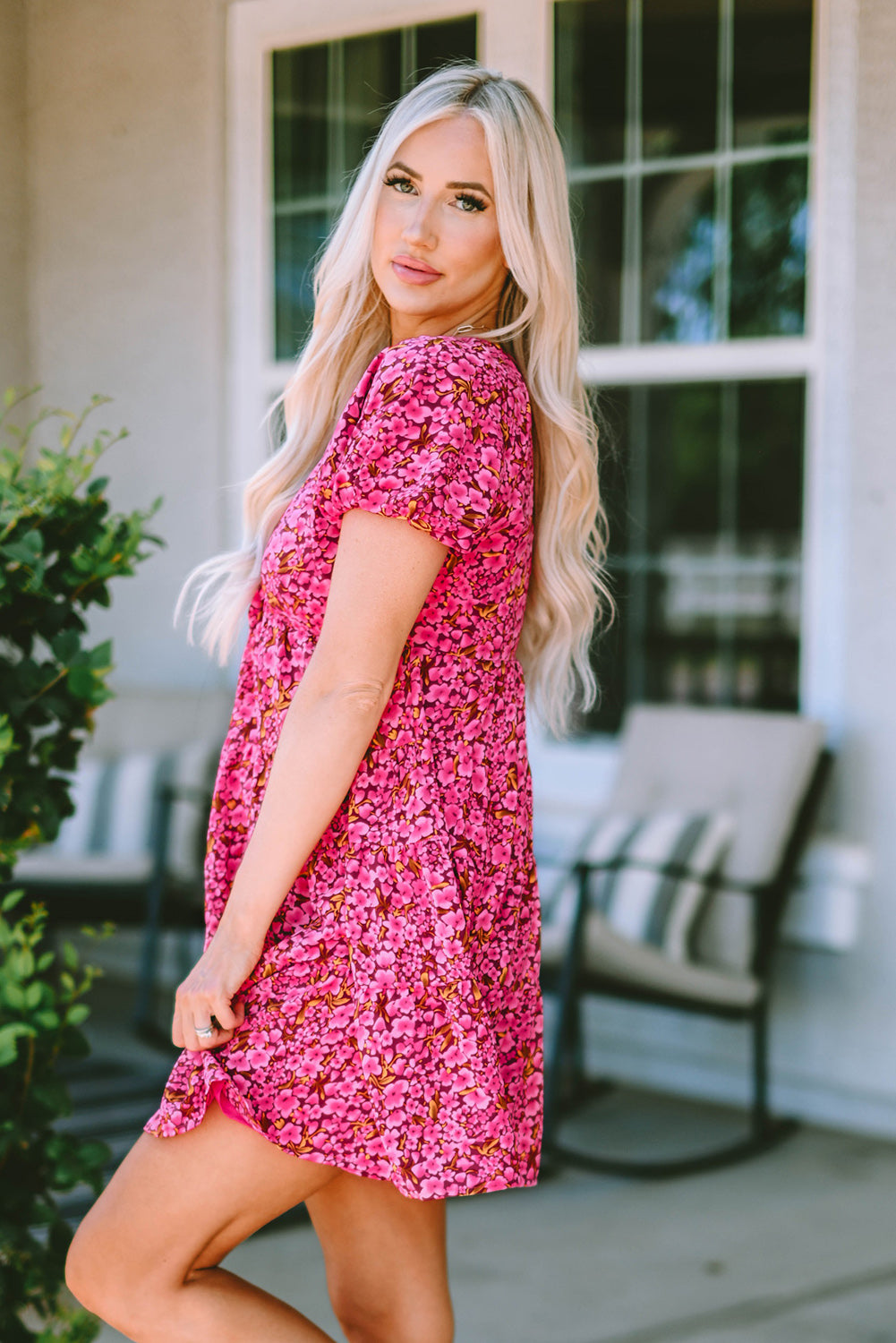 Floral V-Neck Short Sleeve Mini Dress Trendsi