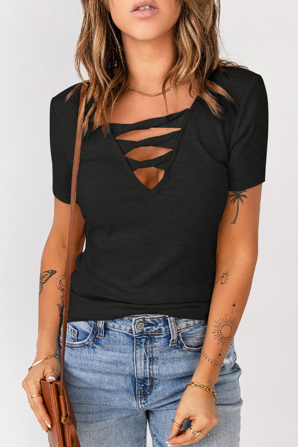 Chic and Comfy: Strappy Ribbed Knit T-Shirt for Effortless Style ShopOnlyDeal