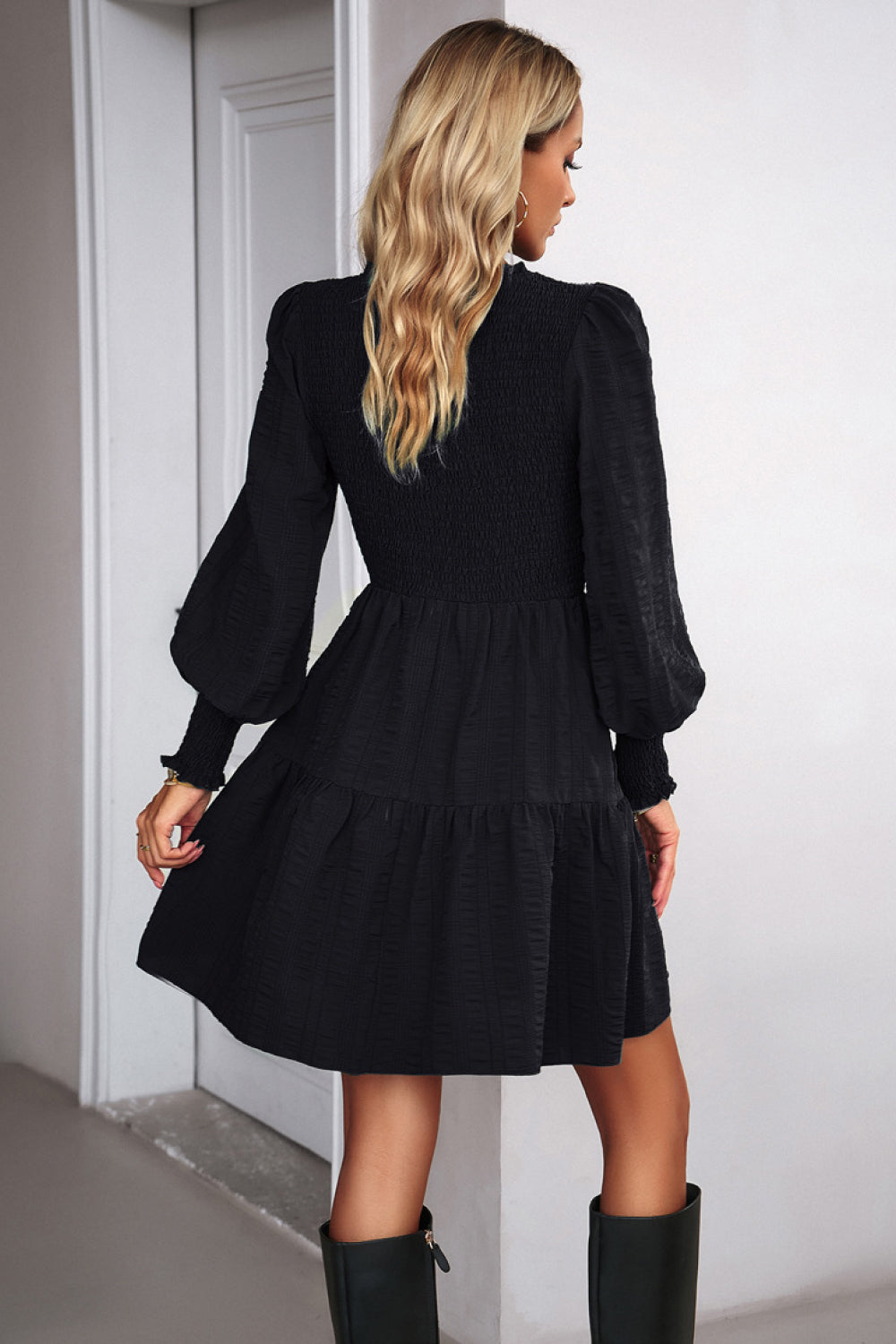 Smocked Lantern Sleeve Mini Dress Trendsi