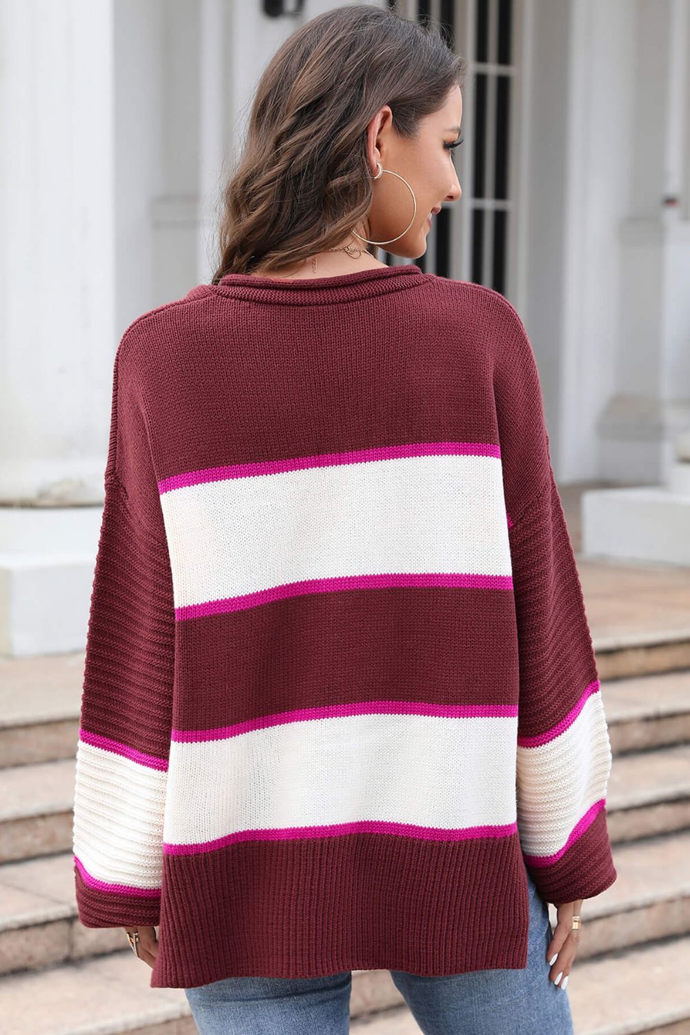Striped Dropped Shoulder Side Slit Sweater Trendsi