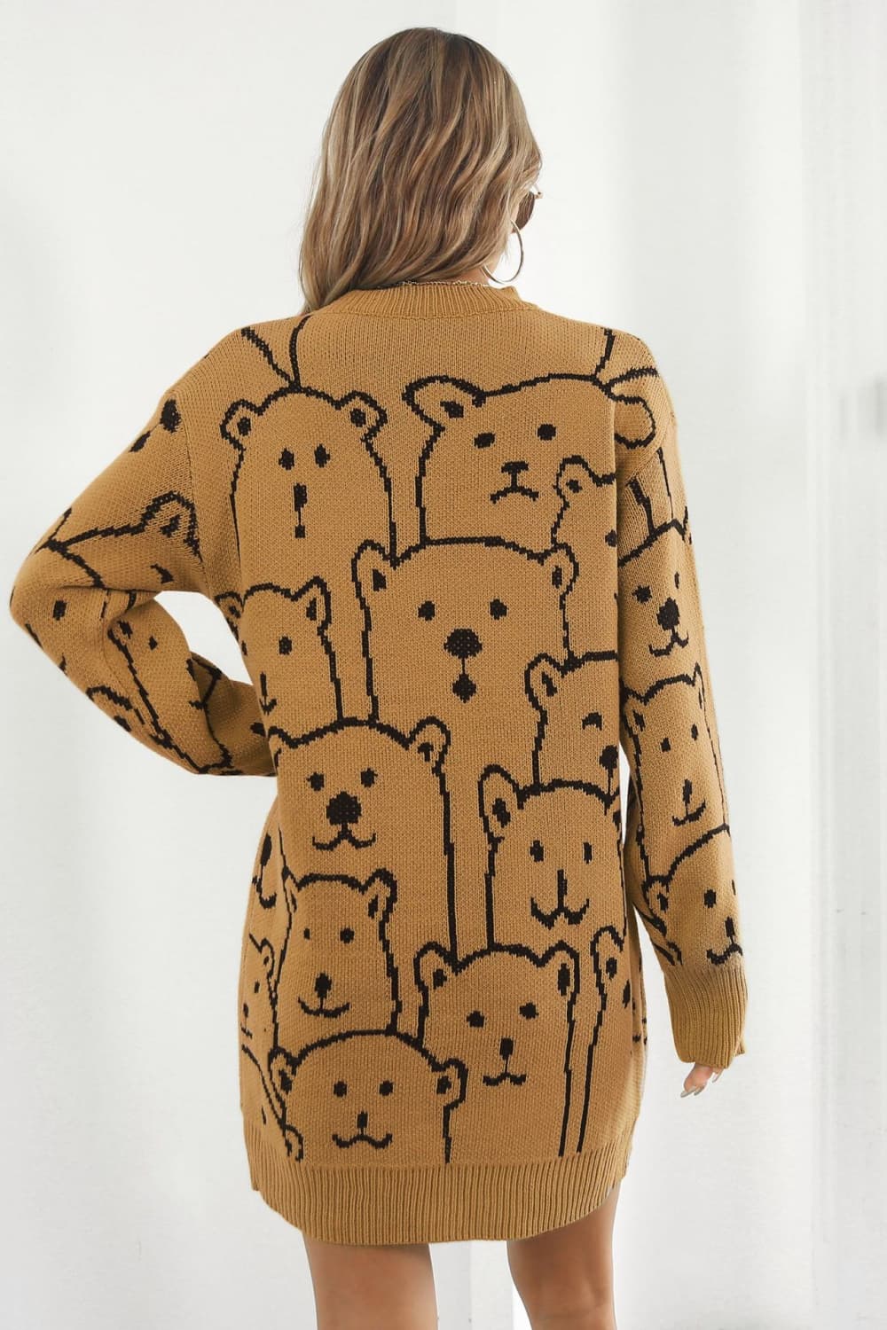 Bear Pattern Round Neck Sweater Dress Trendsi