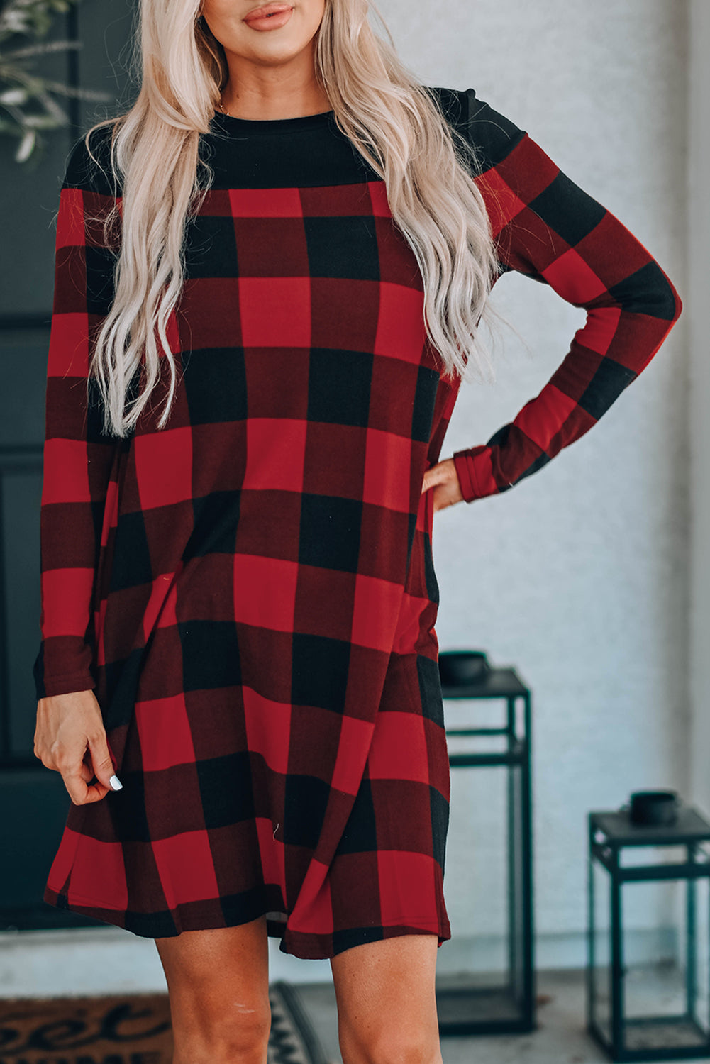 Chic and Timeless: Plaid Round Neck Long Sleeve Mini Dress for Effortless Style ShopOnlyDeal