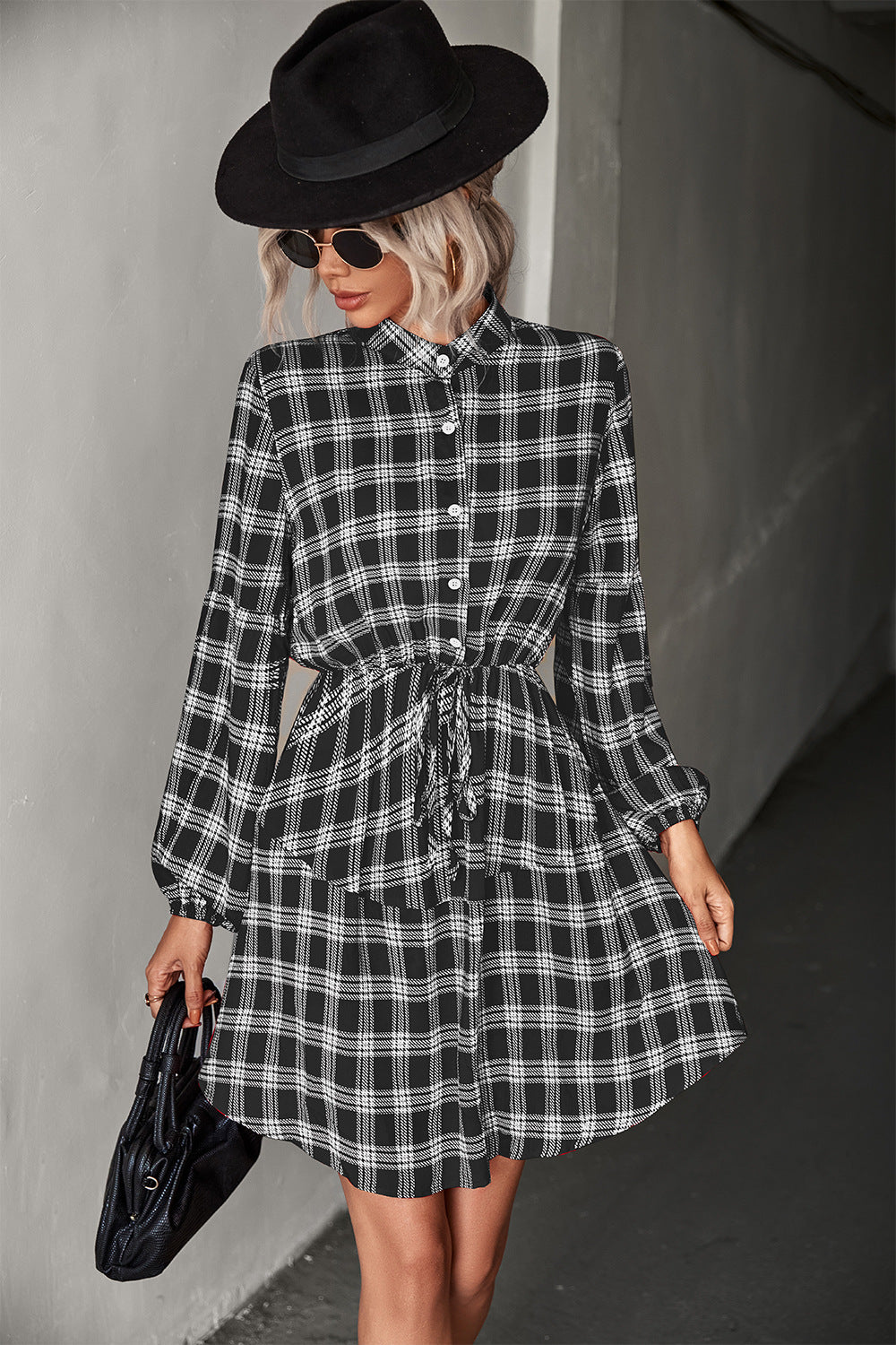 Plaid Band Collar Drawstring Shirt Dress Trendsi