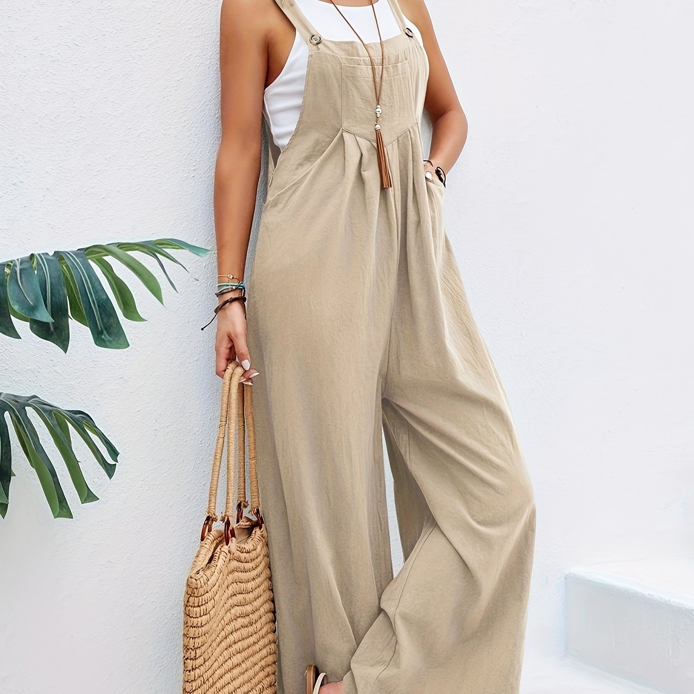 Boho Solid Sleeveless Long Length Jumpsuit, Casual Baggy Jumpsuit With Pockets, Women's Clothing - Temu ShopOnlyDeal