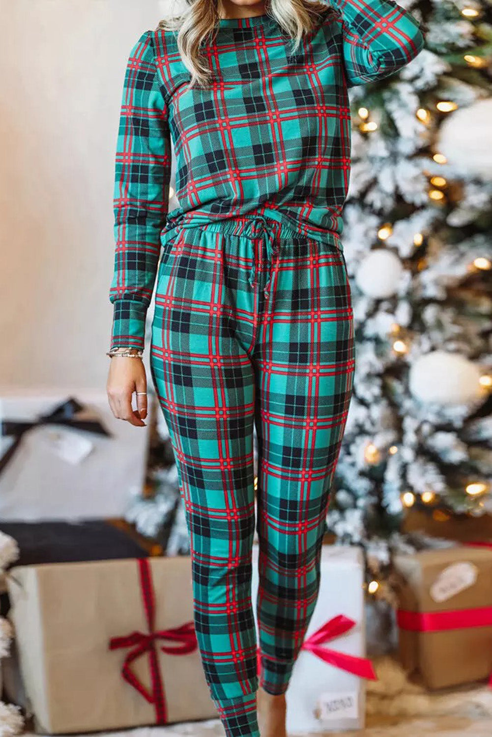 Plaid Long Sleeve Top and Pants Lounge Set Trendsi